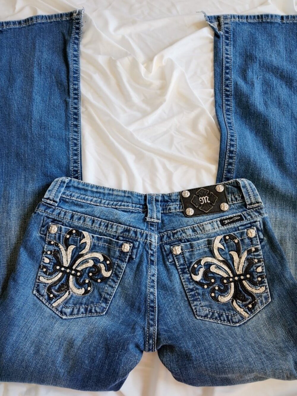 Miss Me Jeans Size 29 Bootcut Embellished Fleur De Lis Rhinestone Pocket READ
